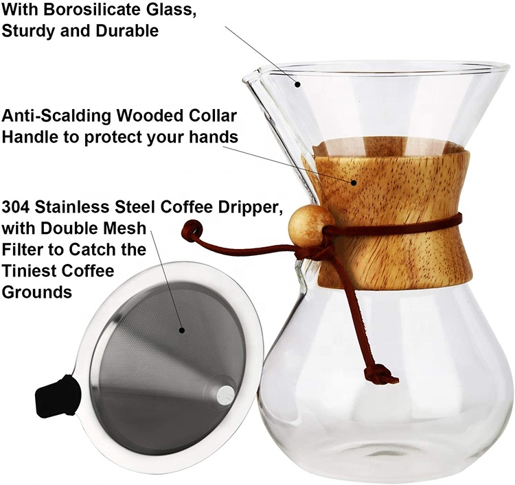 Stainless Steel Drip Filter Elegant Coffee Dripper Pot Glass Carafe with Real Wood Sleeve Pour Over Coffee Maker Set