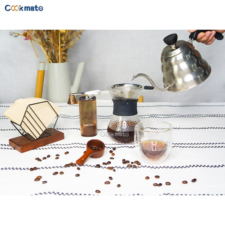 Filters, Dripper, Serving, Grinder, Scale with Timer, Wooden Kettle Double Walled Glass Cup V60 Drip Coffee Maker Set