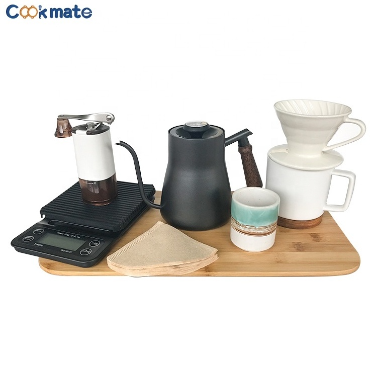 Stock White Metal Box Wooden Handle 850 ML Kettle with Thermometer V60 Ceramics Manual Coffee  Set