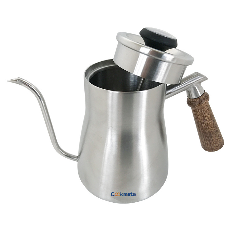 Cookmate Stainless Steel Silver Coffee Drip Kettle Gooseneck  Coffee Tea Pot Wooden Handle Kitchen Teapot With Thermometer