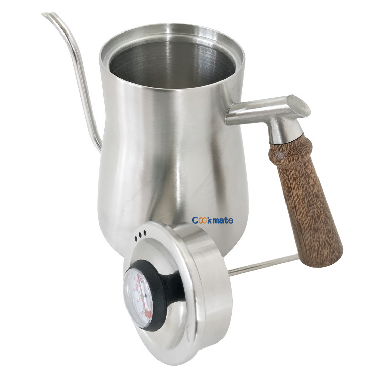 Cookmate Stainless Steel Silver Coffee Drip Kettle Gooseneck  Coffee Tea Pot Wooden Handle Kitchen Teapot With Thermometer