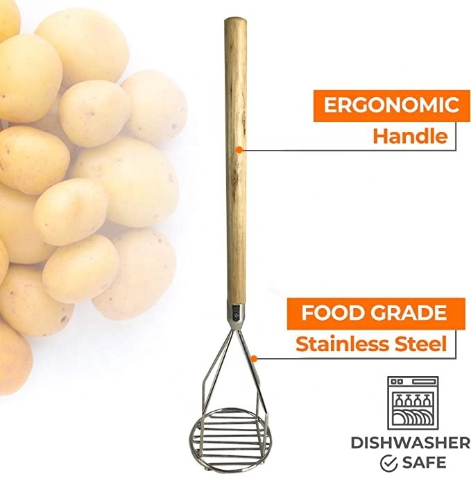 Heavy Duty Potato Masher with Wooden Handle - Stainless Steel Food Smasher - Vegetable Smash Tool