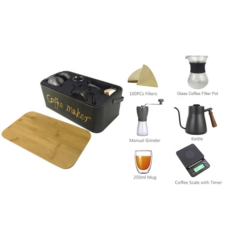 white color metal portable coffee travel bag with Coffee kettle thermometer V60 coffee accessories set gift drip glass mug