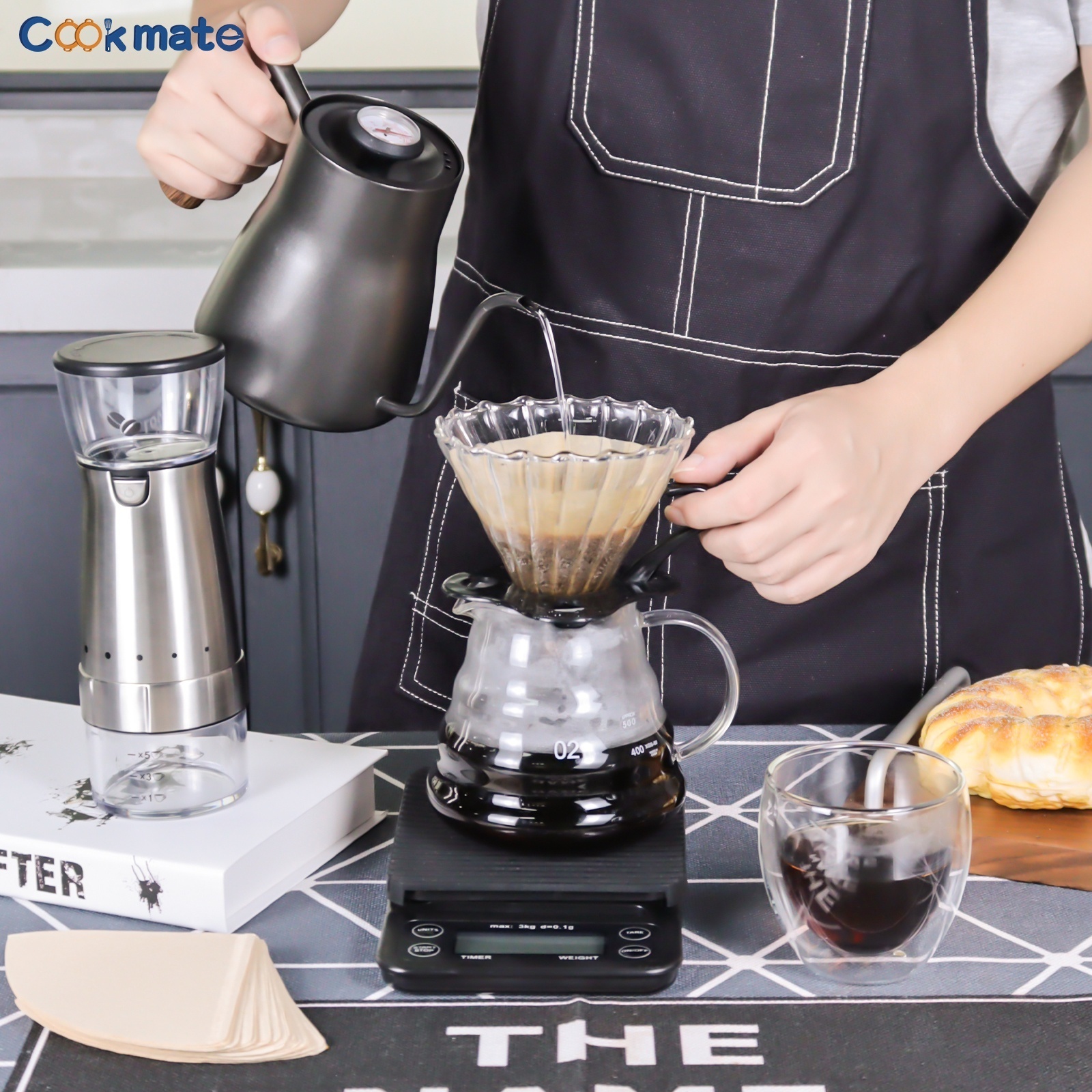 Pour Over Coffee Brewing Set Electric Grinder with V60 Glass Dripper Stainless Steel Kettle