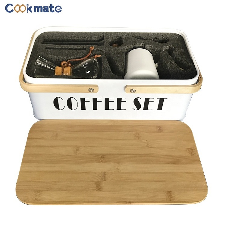 white color metal portable coffee travel bag with Coffee kettle thermometer V60 coffee accessories set gift drip glass mug