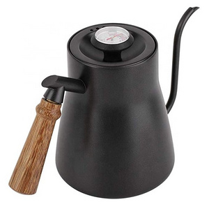 850ml Stainless Steel Gooseneck Wooden Handle Tea coffee Drip Over Coffee Kettle with Thermometer