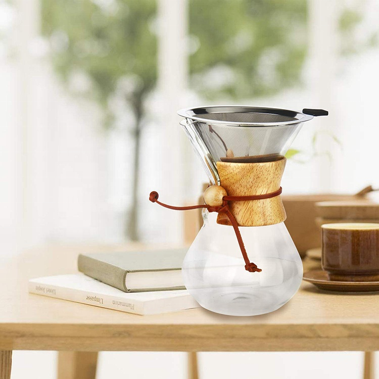 Stainless Steel Drip Filter Elegant Coffee Dripper Pot Glass Carafe with Real Wood Sleeve Pour Over Coffee Maker Set