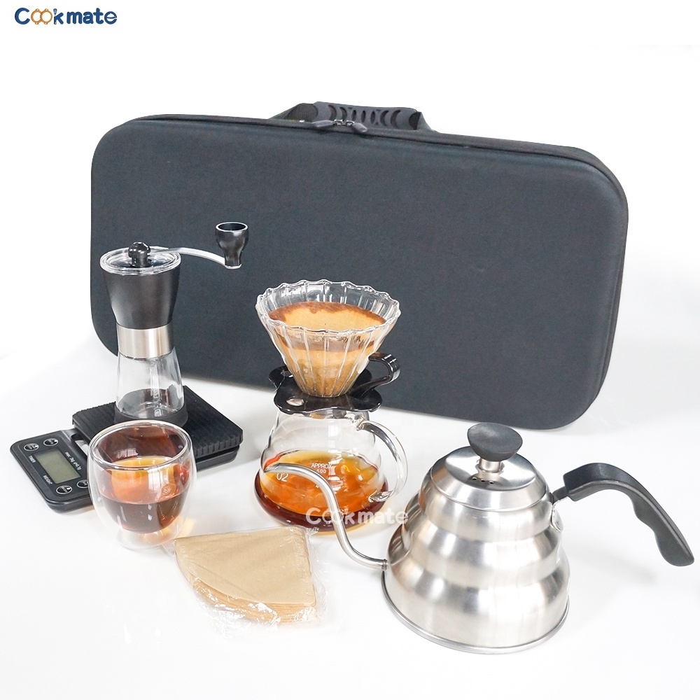 V60 new design camping coffee travel bag drip set pour over 1L kettle portable coffee set with kettle filter glass cup tea set