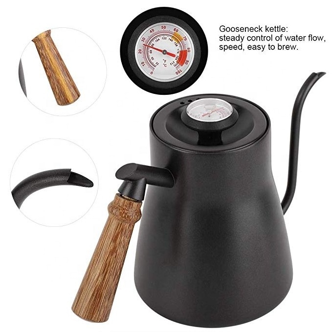 850ml Stainless Steel Gooseneck Wooden Handle Tea coffee Drip Over Coffee Kettle with Thermometer