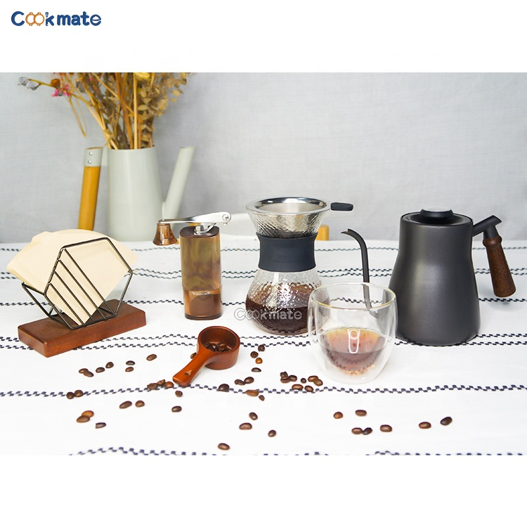 Filters, Dripper, Serving, Grinder, Scale with Timer, Wooden Kettle Double Walled Glass Cup V60 Drip Coffee Maker Set