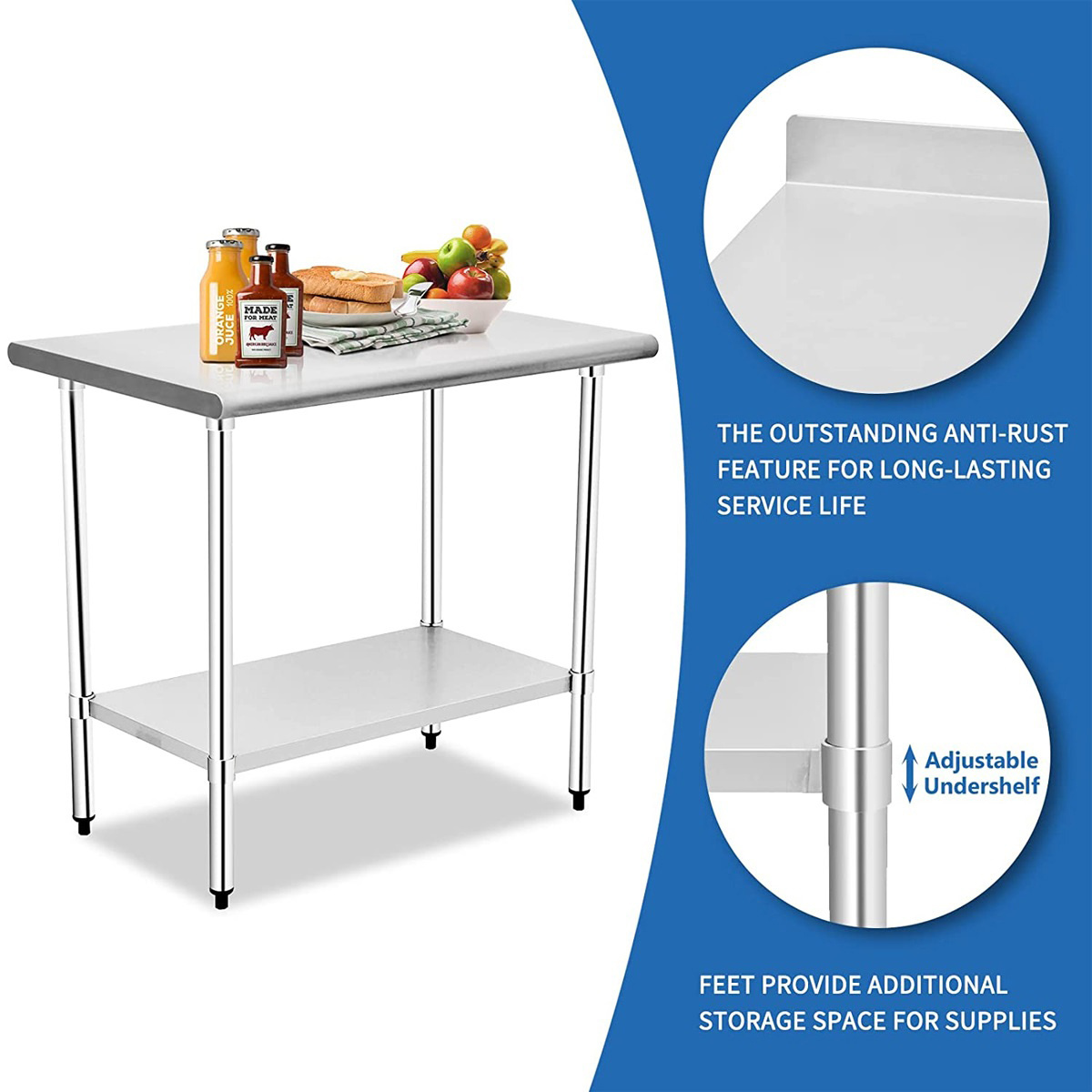 Stainless Steel Work Table Metal Commercial Kitchen Heavy Duty Table with wheel Adjustable Under Shelf and Table Foot