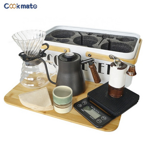 white color metal portable coffee travel bag with Coffee kettle thermometer V60 coffee accessories set gift drip glass mug