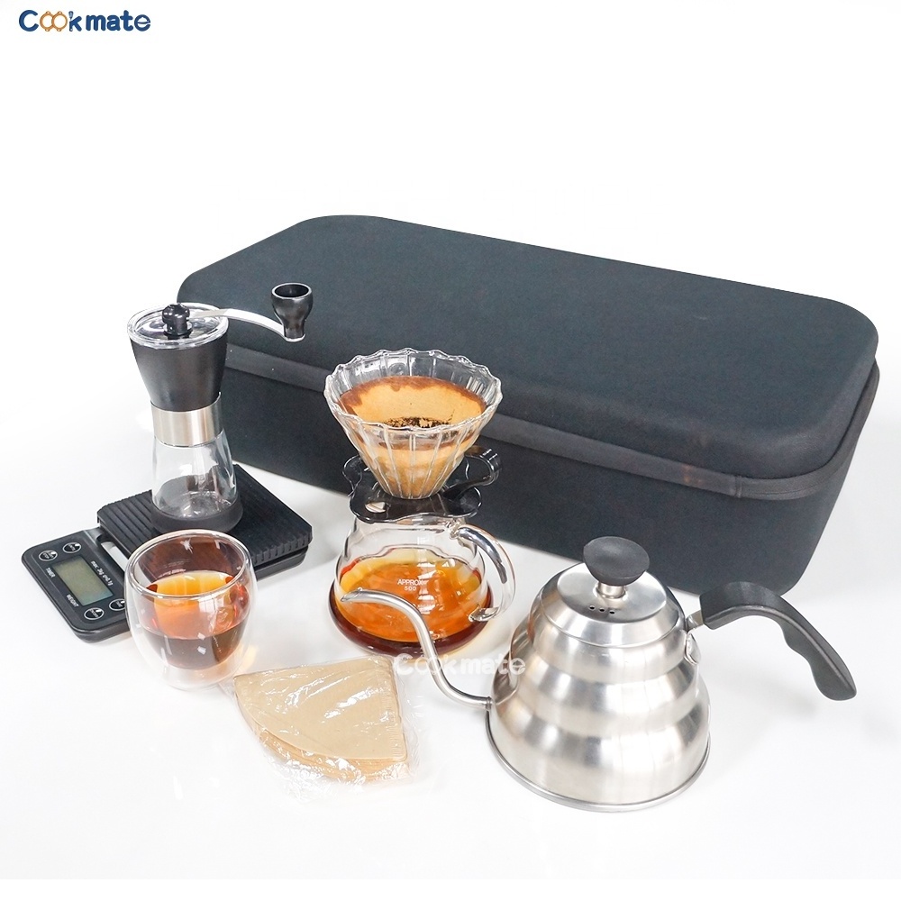 V60 new design camping coffee travel bag drip set pour over 1L kettle portable coffee set with kettle filter glass cup tea set