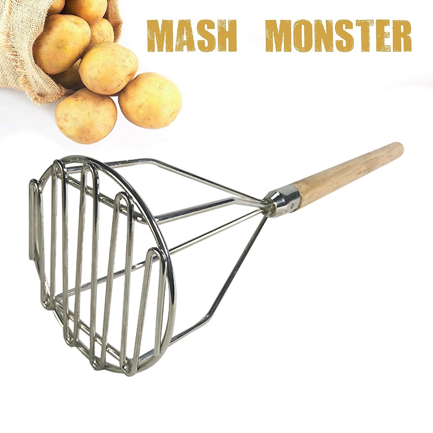 Heavy Duty Potato Masher with Wooden Handle - Stainless Steel Food Smasher - Vegetable Smash Tool