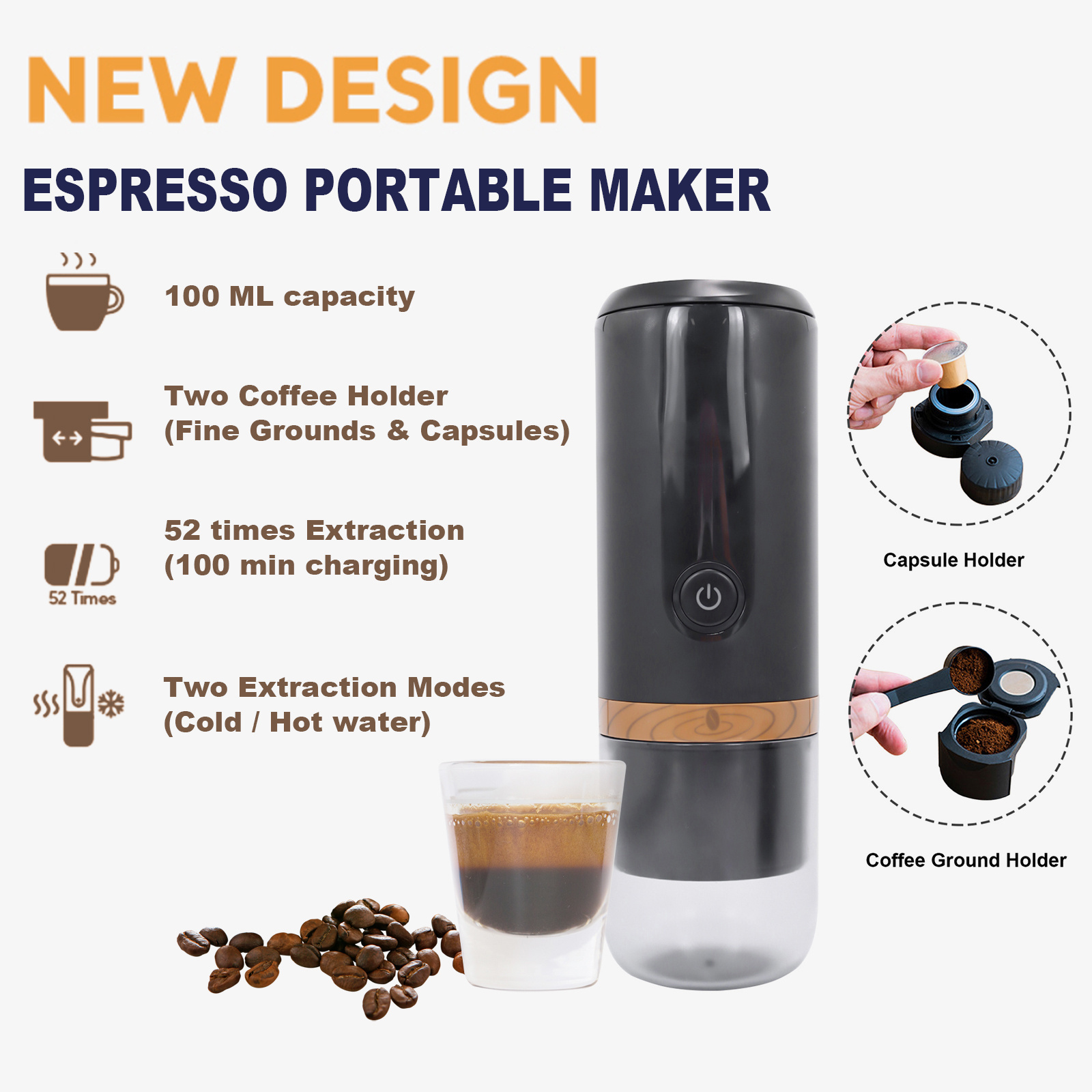 Portable Electrical Rechargeable Coffee Capsules Coffee Fine Grounds Travel Espresso Maker