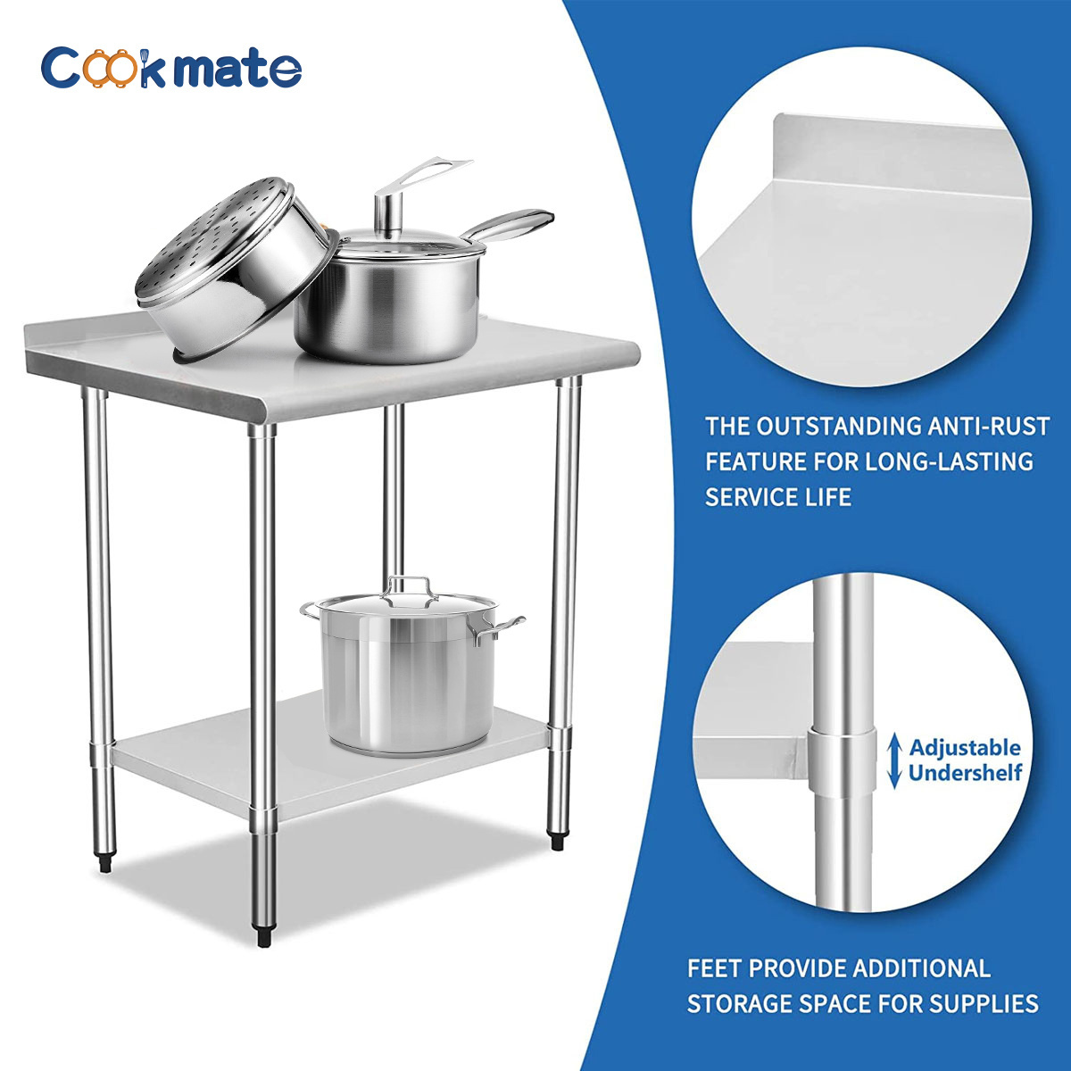 Stainless Steel Work Table Metal Commercial Kitchen Heavy Duty Table with wheel Adjustable Under Shelf and Table Foot