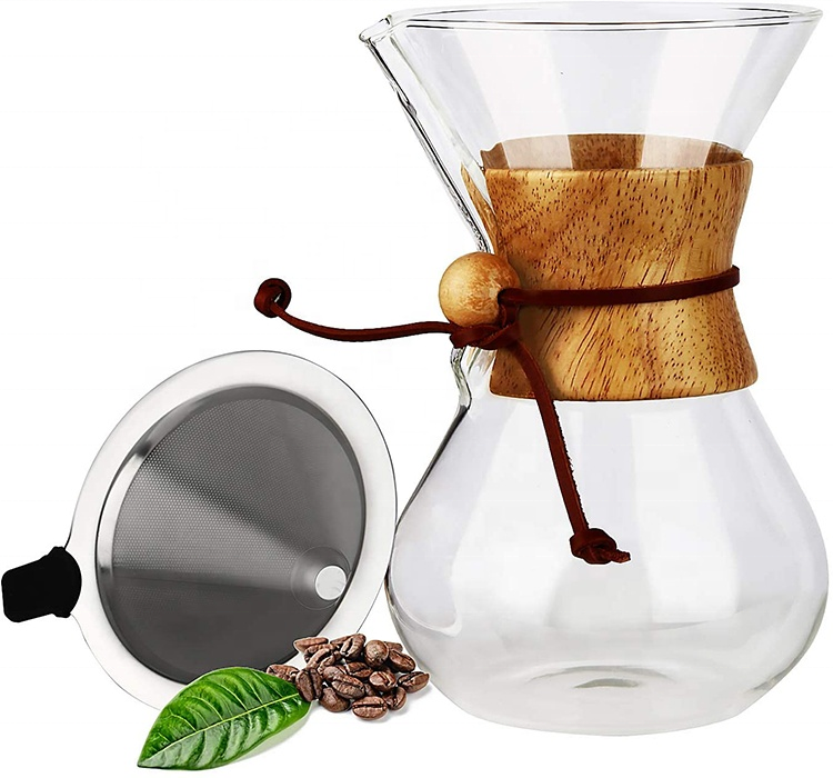 Stainless Steel Drip Filter Elegant Coffee Dripper Pot Glass Carafe with Real Wood Sleeve Pour Over Coffee Maker Set