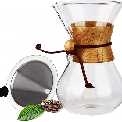 Stainless Steel Drip Filter Elegant Coffee Dripper Pot Glass Carafe with Real Wood Sleeve Pour Over Coffee Maker Set