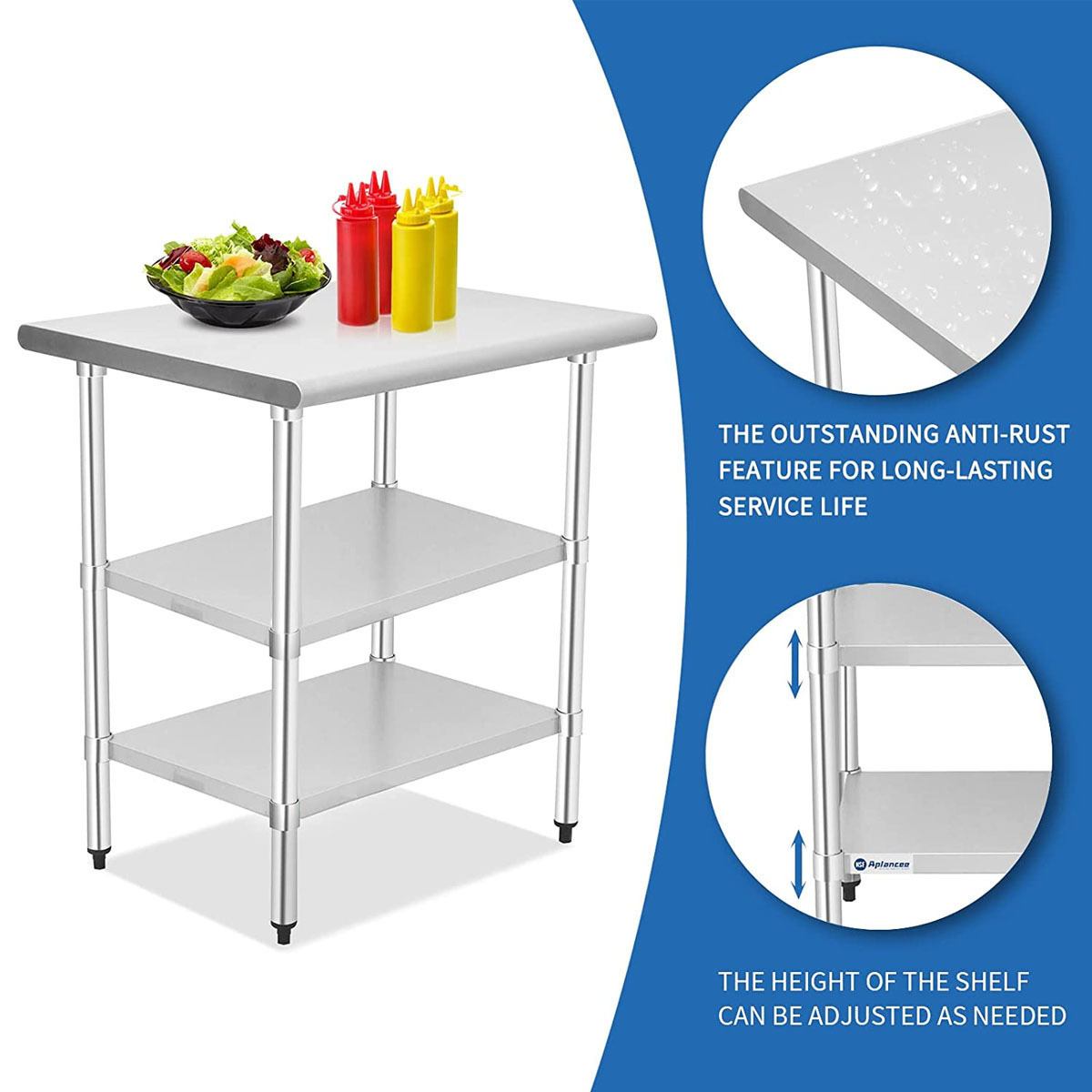 Stainless Steel Work Table Metal Commercial Kitchen Heavy Duty Table with wheel Adjustable Under Shelf and Table Foot