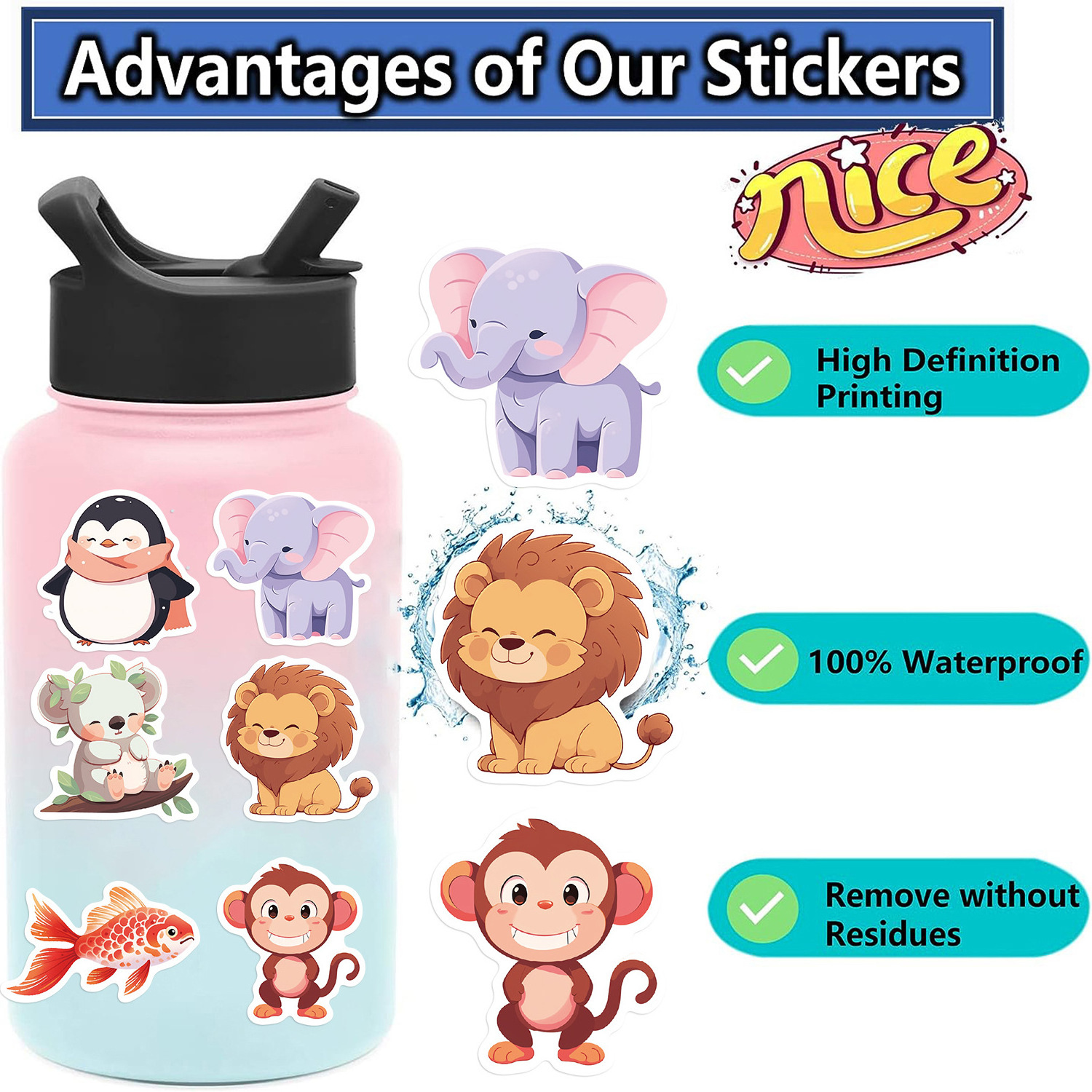 50 PCS Cute Animal Cartoon Stickers Vinyl PVC Die Cut Sticker for Water Bottle Laptop Phone Skateboard bike car Decal