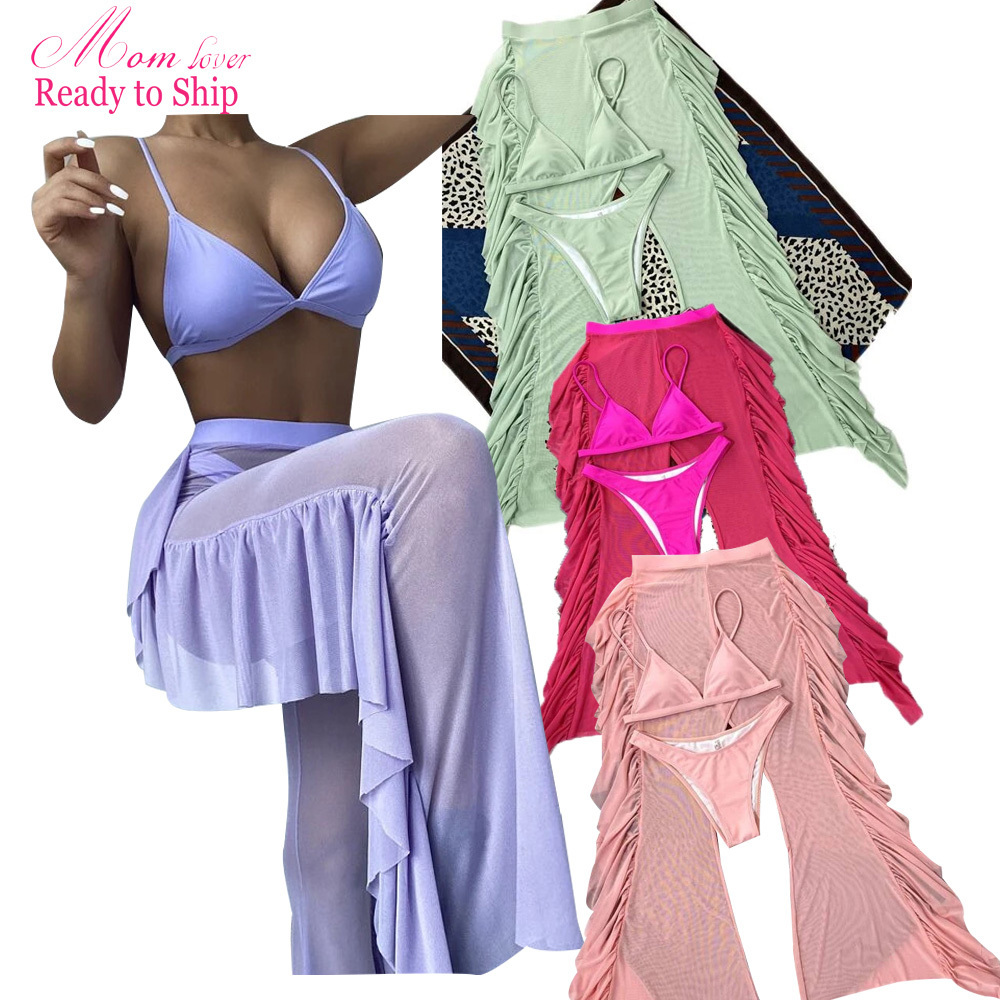 2022 wholesale women beach wear swimwear 3pcs bikini set tube  top mesh transparent pants sexy women swimsuit