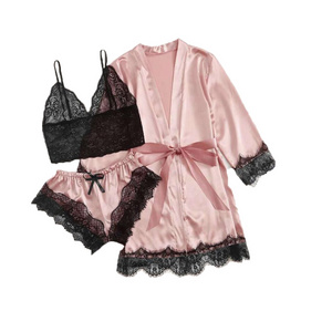 Wholesale Cheap Price Women lingerie silk lace robes Pink Lace Balconette Bralette Set Sexy Lingerie set