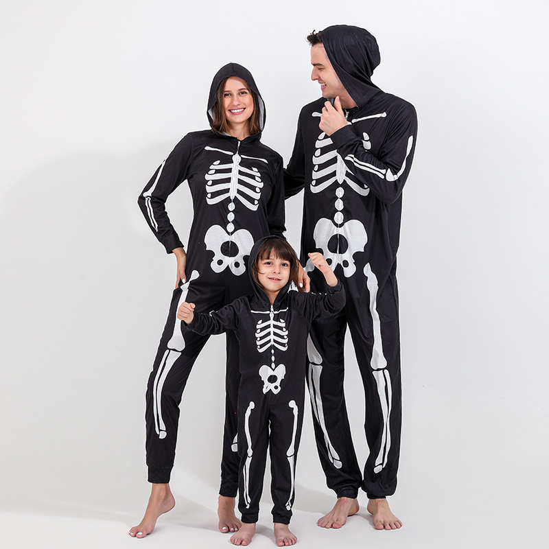 Family Matching Halloween Onesie Pajamas, Funny Skeleton Printed Hooded Zippered PJs Holiday Loungewear for Men/Women/Kids