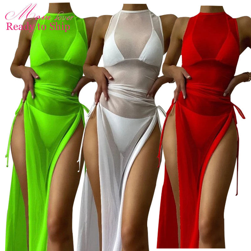 2022 wholesale women beach wear swimwear 3pcs bikini set tube  top mesh transparent pants sexy women swimsuit