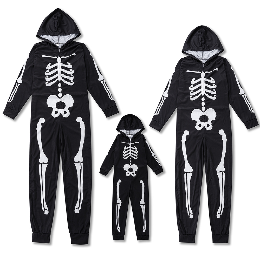 Family Matching Halloween Onesie Pajamas, Funny Skeleton Printed Hooded Zippered PJs Holiday Loungewear for Men/Women/Kids