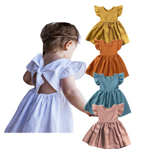 Summer kids clothes  infant toddler girl dresses Cotton and linen  fly sleeve backless bow girl dresses