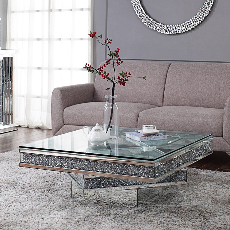 Factory Wholesale Silver Glass Top Crushed Diamond Mirrored Coffee Table