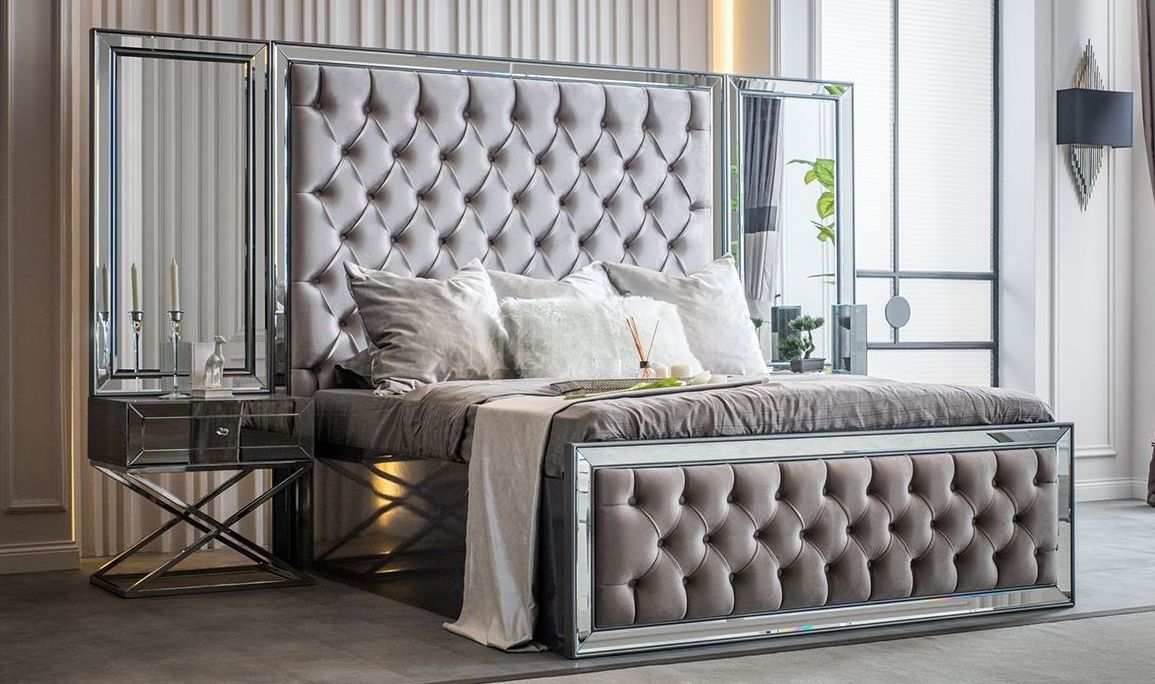 COOLBANG bedroom sets king size mirror metal furniture velvet fabric luxury headboard bed frame with gas lift Bed