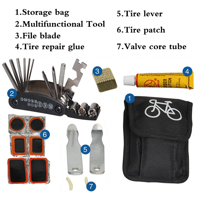 Multifunctional Bicycle Repair Tool 7 in 1 Tools Repair Kit Rubber Patch Glue Tyre Lever Emergency Repair Cycling Accessories