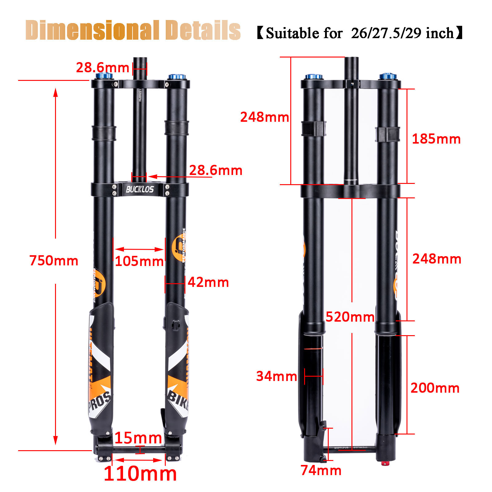 BUCKLOS Horquilla mtb 29 Inch MTB Electric Downhill inverted fork Double Crown Inverted Fork  Aluminum Alloy Bicycle Fork