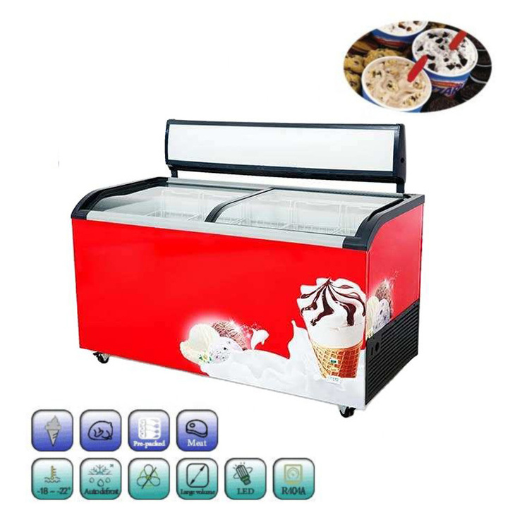 Supermarket Commercial Dual Curved Sliding Glass Door Chest Ice Cream Display Refrigerator Freezer