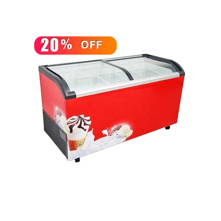 Supermarket Commercial Dual Curved Sliding Glass Door Chest Ice Cream Display Refrigerator Freezer