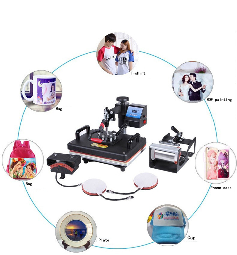 5 in 1 swing awying combo heat press machine T-shirt mug hat Plate heat transfer sublimation multi-function print machine