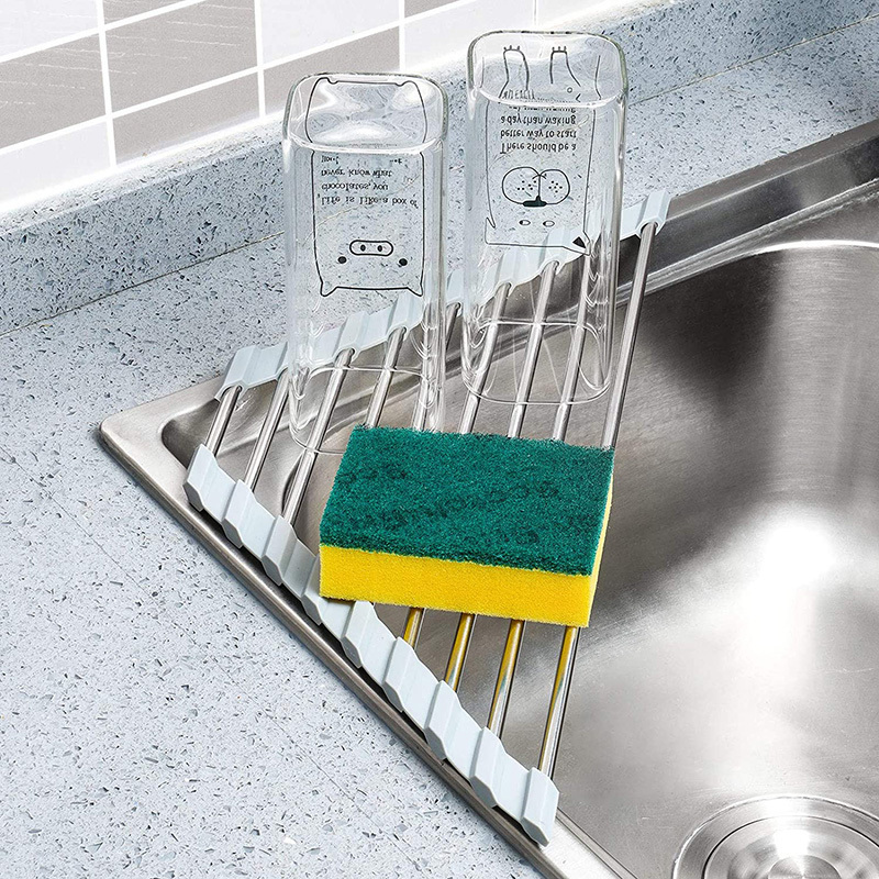 Triangle Dish Drying Rack For Sink Corner Roll Up Caddy Sponge Holder Foldable Stainless Steel Dish Drainer Kitchen Accessories