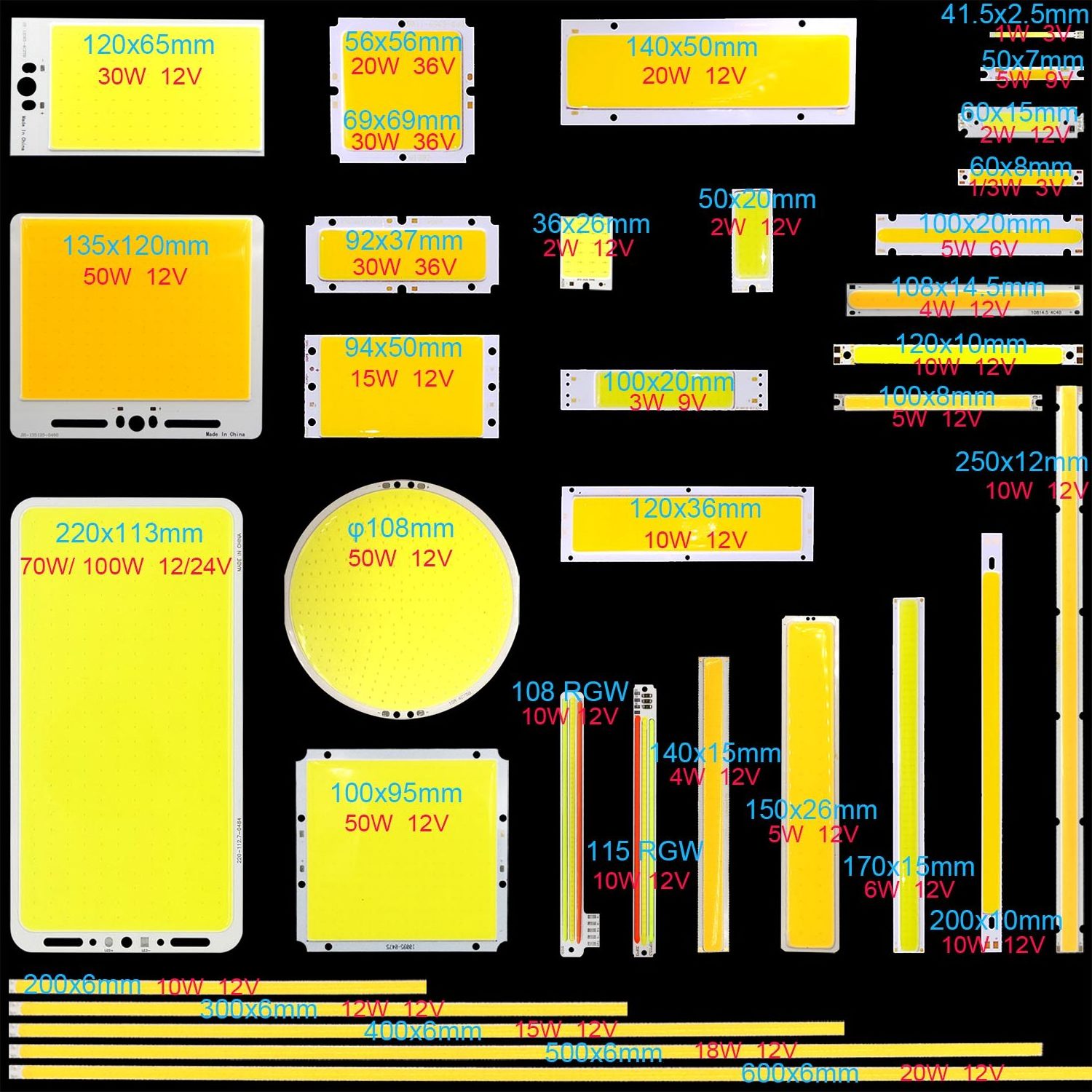 Customized COB LED Light Strip Panel 1W-1000W Red Blue Green Yellow White Lighting Color DC 3V 5V 12V 24V Bulb LED Chip Lamp DIY