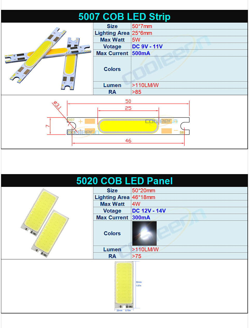 Customized COB LED Light Strip Panel 1W-1000W Red Blue Green Yellow White Lighting Color DC 3V 5V 12V 24V Bulb LED Chip Lamp DIY