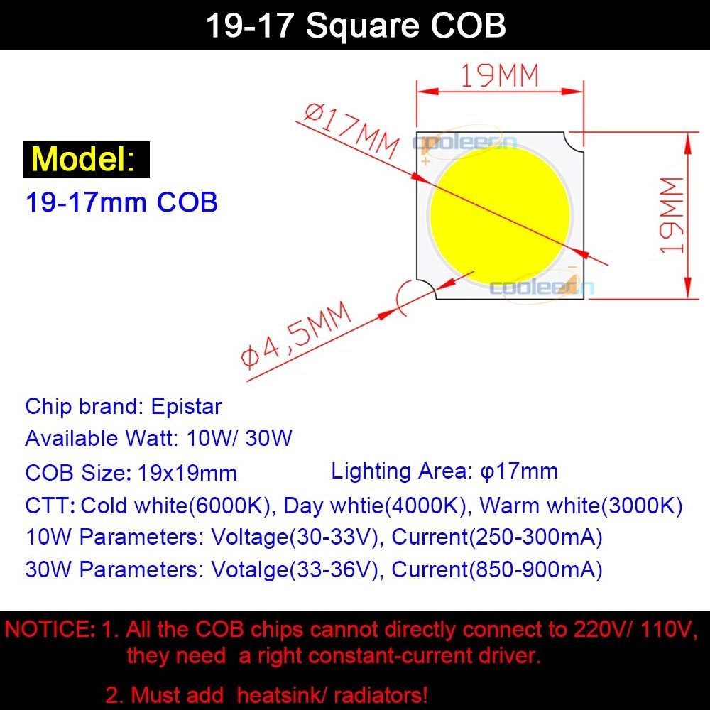 LED Spotlight Chips 19x19mm Square COB LED 10W 20W 30W 50W 30V Chip for Spot Lights Downlight 17mm Lighting Surface