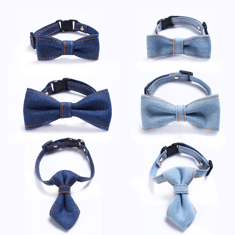 Elastic collar for cat denim bowtie collars accessories for cats pet breakaway collar necklace wholesale