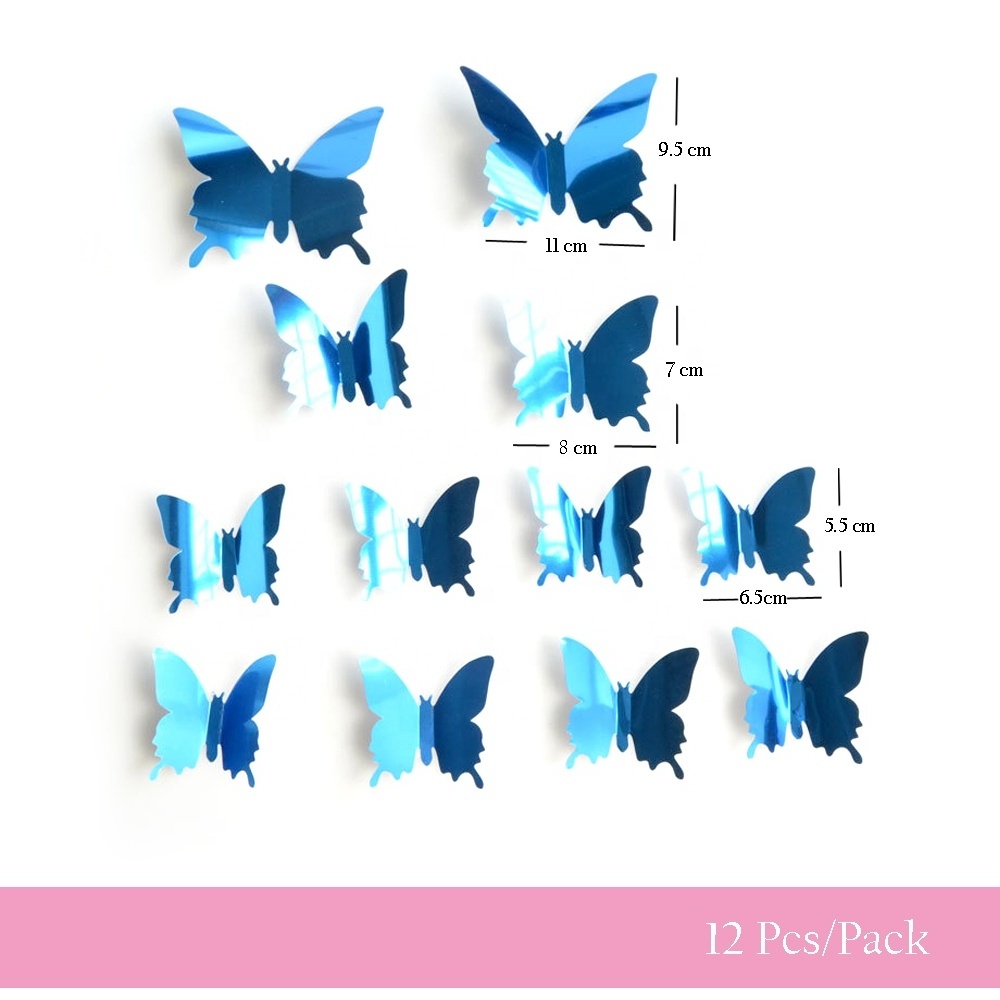 12 Pcs/Pack PVC Mirror Butterfly 3D Wall Sticker Set for Wedding Festival Birthday Party Home Decoration