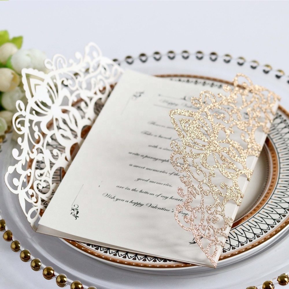 Custom Glitter Laser Cut Wedding Invitations with Ribbon and Envelopes Personalized Wedding Invitation Card