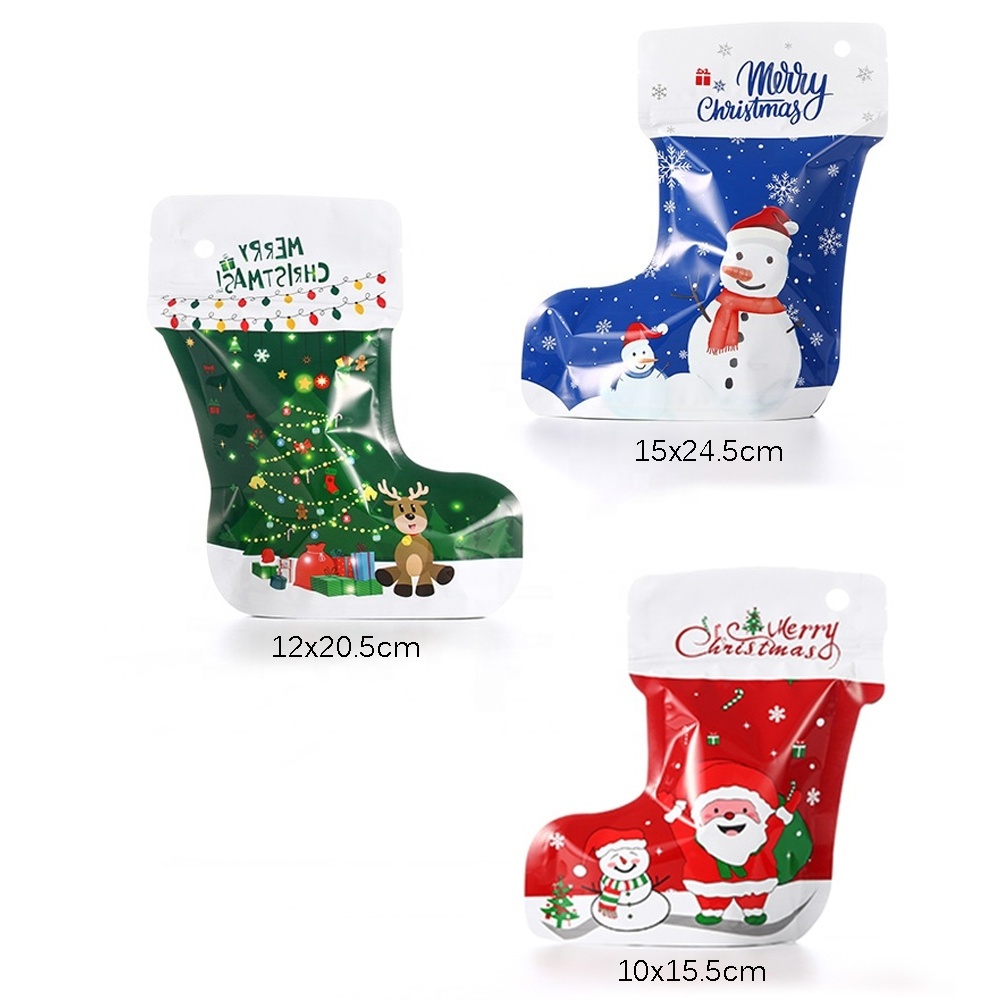 10 Pcs/Pack Christmas Sock Cookie Sweet Plastic Bag Jewelry Zip Lock Stand Up Packaging Bags for Xmas New Year Party