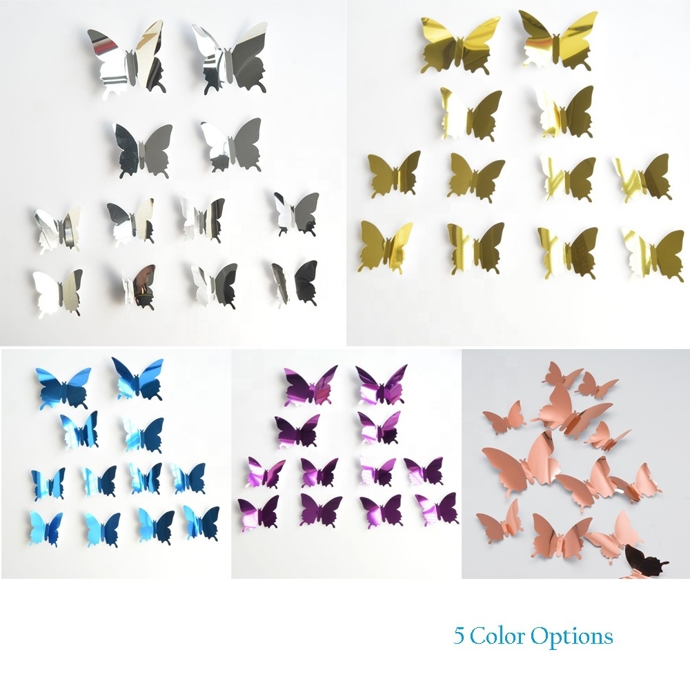 12 Pcs/Pack PVC Mirror Butterfly 3D Wall Sticker Set for Wedding Festival Birthday Party Home Decoration