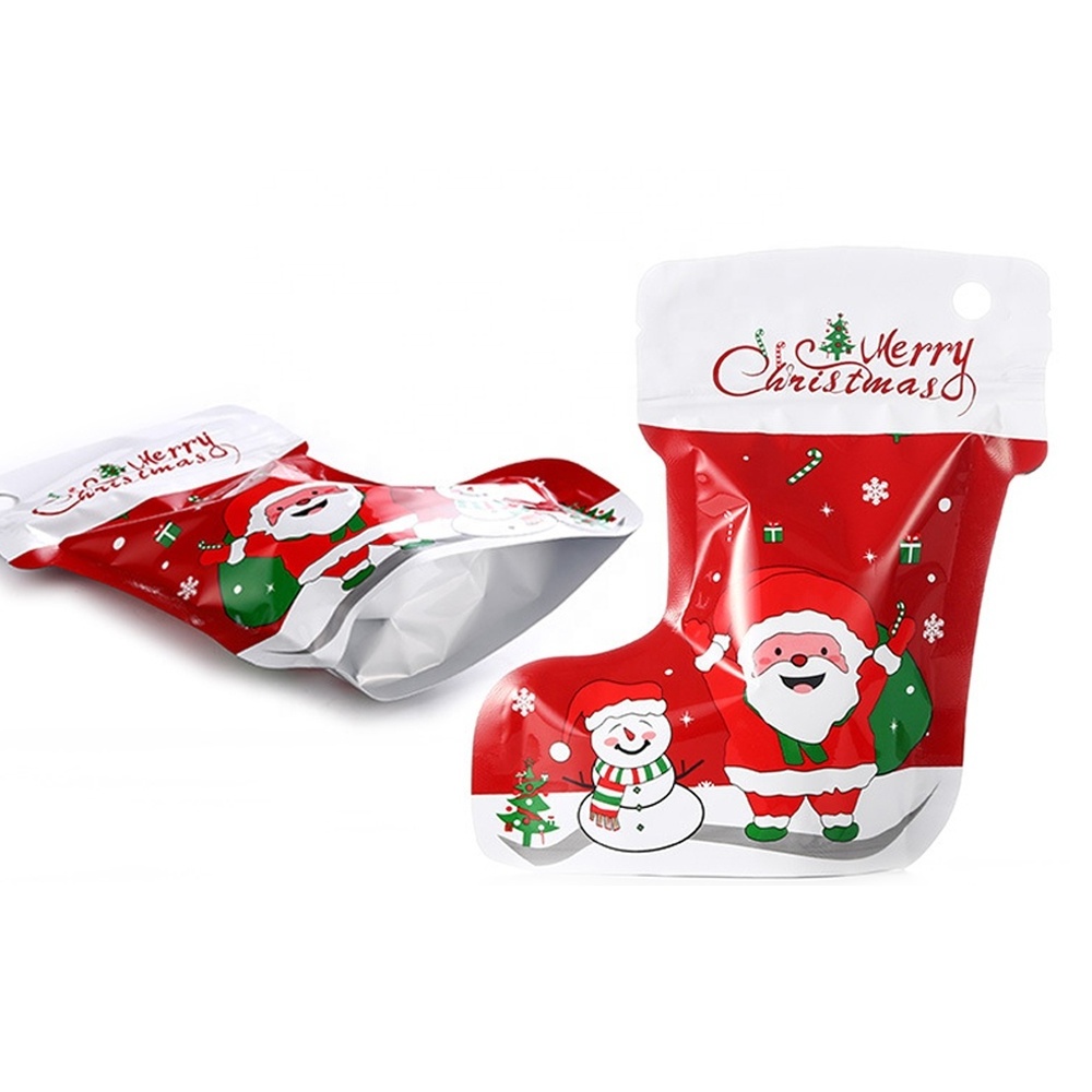 10 Pcs/Pack Christmas Sock Cookie Sweet Plastic Bag Jewelry Zip Lock Stand Up Packaging Bags for Xmas New Year Party