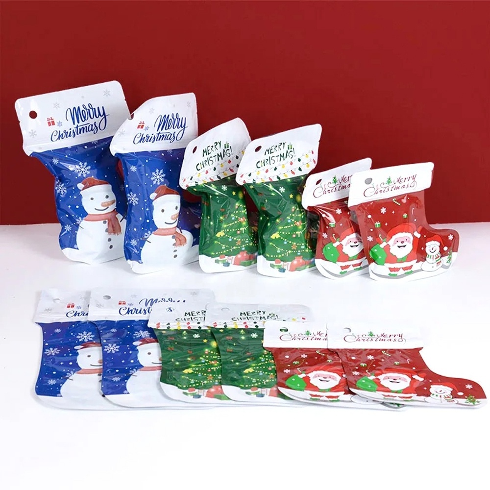 10 Pcs/Pack Christmas Sock Cookie Sweet Plastic Bag Jewelry Zip Lock Stand Up Packaging Bags for Xmas New Year Party