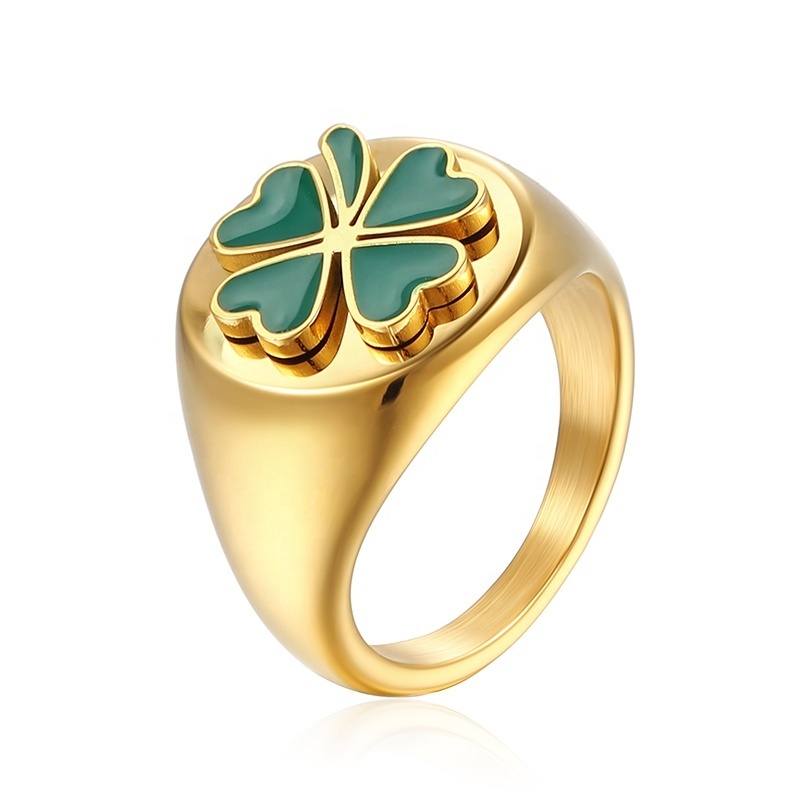 Wholesale Custom 18K Gold Stainless Steel Enamel Tulip Butterfly Ladybird Daisy Tortoise Design Lucky 4 Four Leaf Clover Rings