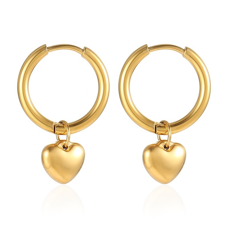 Hot selling 18K Gold Plated Stainless Steel love Heart Dangle Charm Hoop Earrings For Women